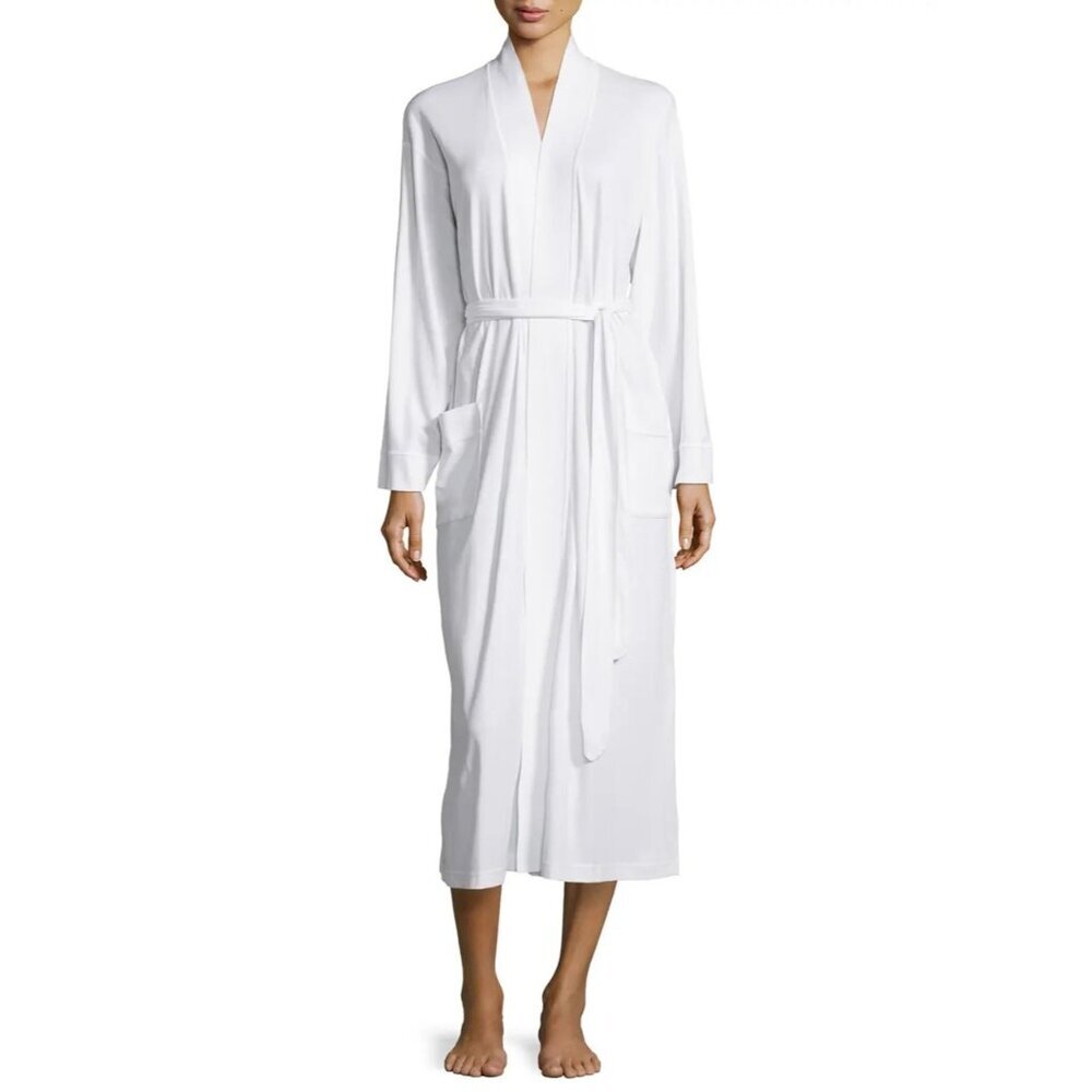 P. Jamas Size XS Butterknit Long Robe White Pima Cotton Pockets MISSING BELT